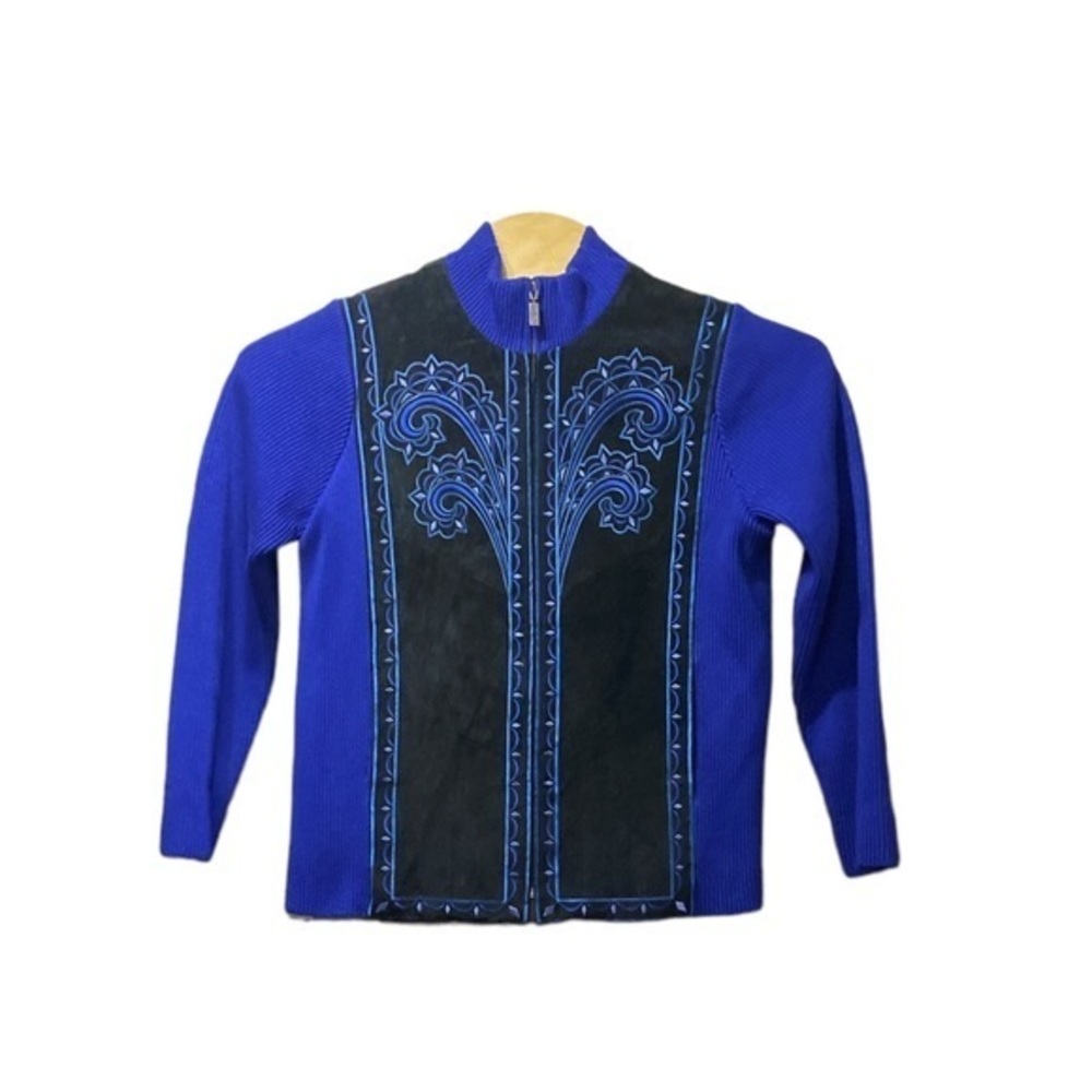 Bob Mackie Wearable Art Womens Leather Art Embroidered Jacket Knit Sleeves Sz M